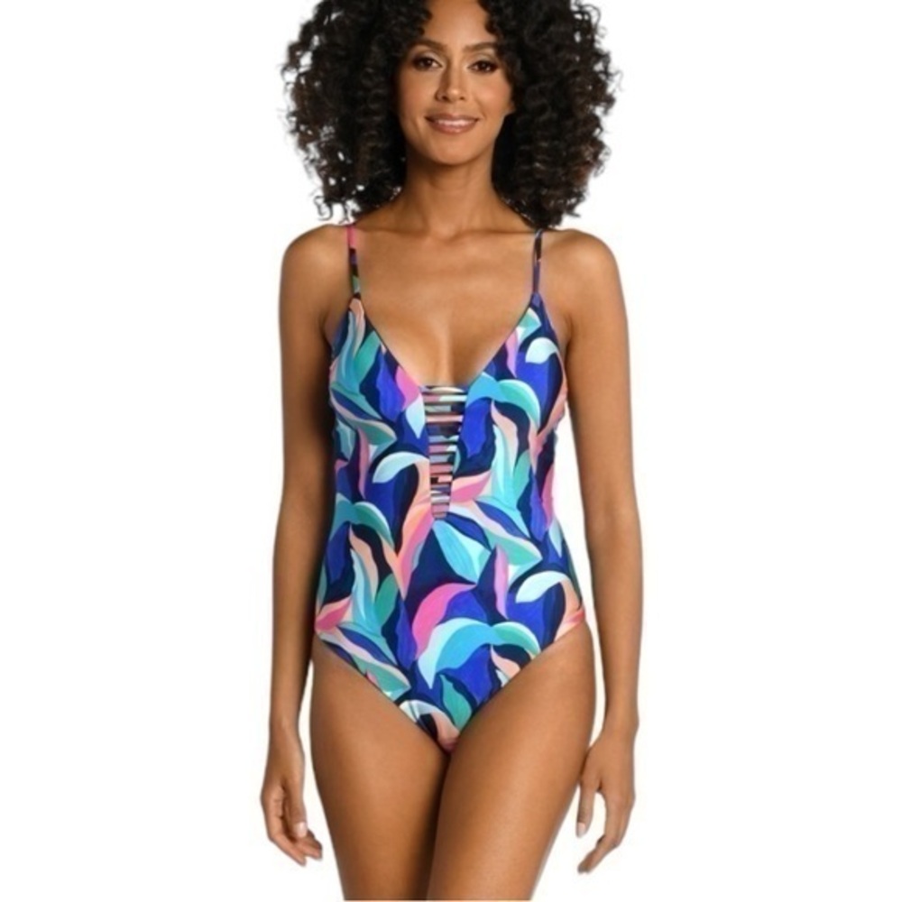 La Blanca Painted Leaves Reversible Plunge One Piece Size 4